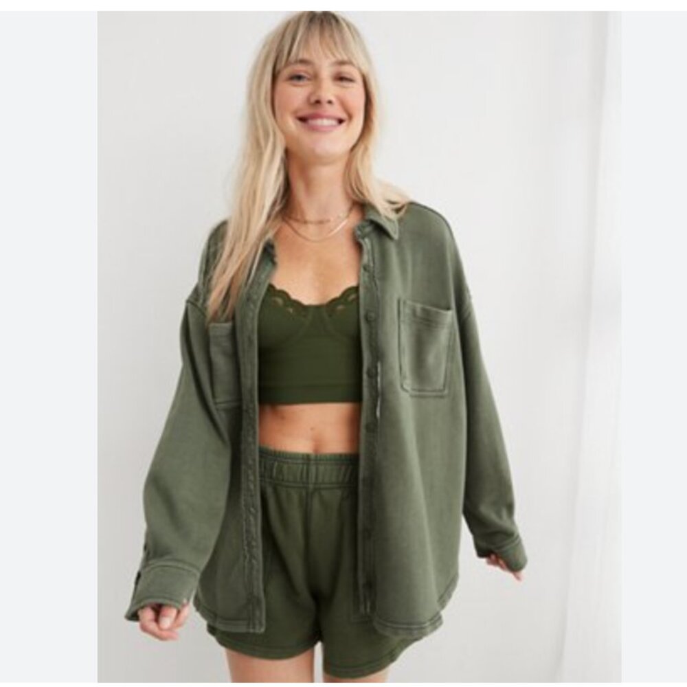 Aerie LumberJane Fleece Shirt Shacket - Size S, Olive Green
